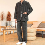 Buddha Stones 2Pcs Winter Thick Men's Tang Suit Frog-Button Cotton Corduroy Long Sleeve Jacket Pants Set With Pockets - image 9
