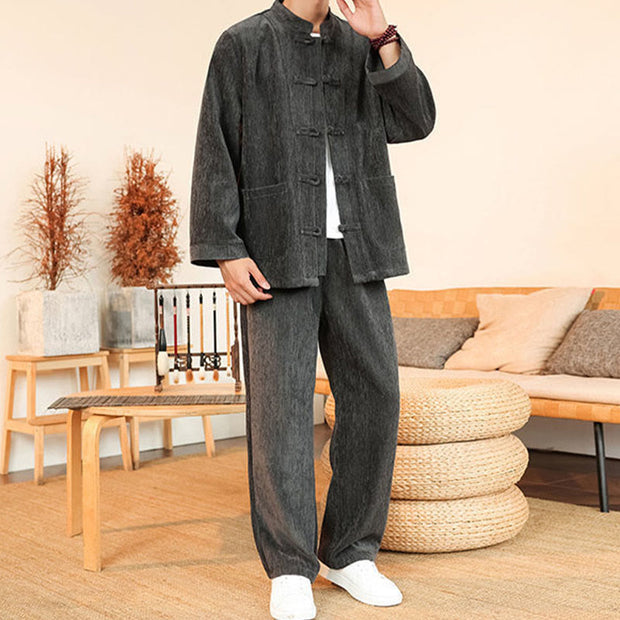 Buddha Stones 2Pcs Winter Thick Men's Tang Suit Frog-Button Cotton Corduroy Long Sleeve Jacket Pants Set With Pockets - image 15