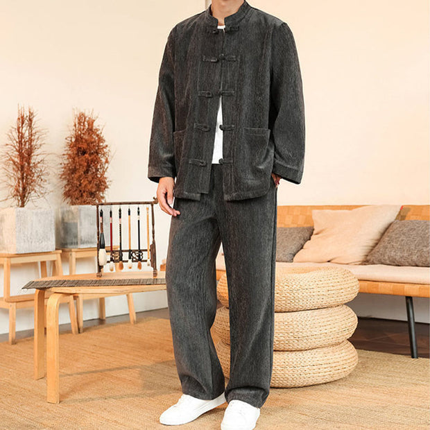 Buddha Stones 2Pcs Winter Thick Men's Tang Suit Frog-Button Cotton Corduroy Long Sleeve Jacket Pants Set With Pockets - image 14