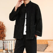 Buddha Stones 2Pcs Winter Thick Men's Tang Suit Frog-Button Cotton Corduroy Long Sleeve Jacket Pants Set With Pockets - image 30