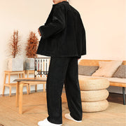 Buddha Stones 2Pcs Winter Thick Men's Tang Suit Frog-Button Cotton Corduroy Long Sleeve Jacket Pants Set With Pockets - image 25