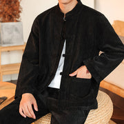 Buddha Stones 2Pcs Winter Thick Men's Tang Suit Frog-Button Cotton Corduroy Long Sleeve Jacket Pants Set With Pockets - image 29