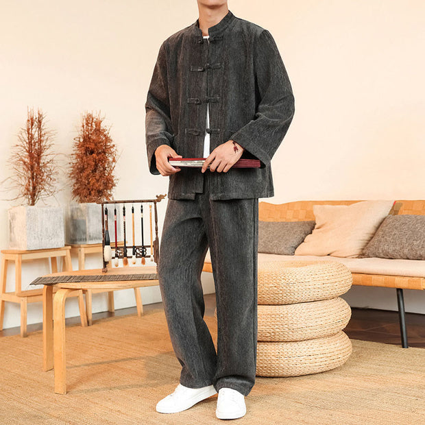 Buddha Stones 2Pcs Winter Thick Men's Tang Suit Frog-Button Cotton Corduroy Long Sleeve Jacket Pants Set With Pockets - image 10