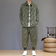 Buddha Stones 2Pcs Winter Thick Bamboo Men's Tang Suit Frog-Button Cotton Corduroy Long Sleeve Jacket Pants Set With Pockets - image 1