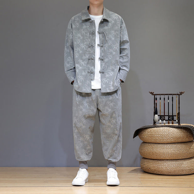 Buddha Stones 2Pcs Winter Thick Bamboo Men's Tang Suit Frog-Button Cotton Corduroy Long Sleeve Jacket Pants Set With Pockets - image 12