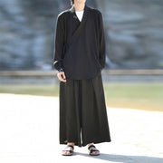 Buddha Stones 2Pcs Fall Lace-up Bamboo Embroidery Cotton Kimono Ankle-Length Pants With Pockets Men's Meditation Cloth Set - Black - US/UK/AU46，EU56 (5XL) - image 0