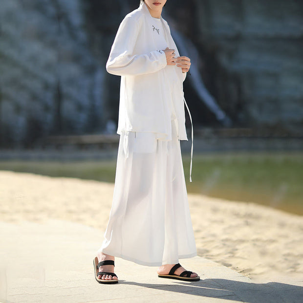 Buddha Stones 2Pcs Fall Lace-up Bamboo Embroidery Cotton Kimono Ankle-Length Pants With Pockets Men's Meditation Cloth Set - image 9