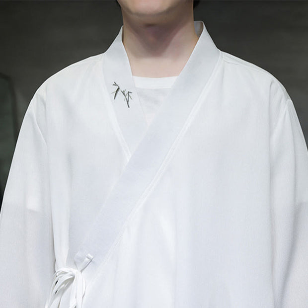 Buddha Stones 2Pcs Fall Lace-up Bamboo Embroidery Cotton Kimono Ankle-Length Pants With Pockets Men's Meditation Cloth Set - image 16