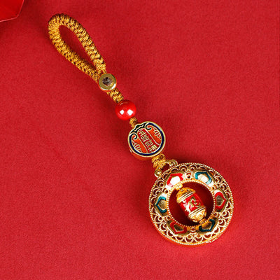 Buddha Stones Copper Prayer Wheel Five Directions Gods Of Wealth Balance Rotatable Key Chain - Five Directions Gods of Wealth - Button Rope - image 0