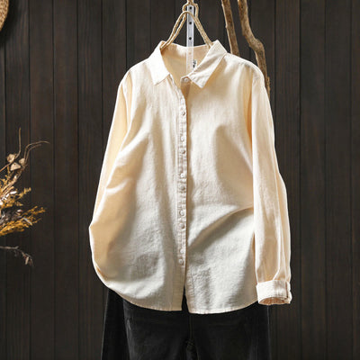 Buddha Stones Fall Solid Color Button Down Stand Collar Long Sleeve Women's Cotton Shirt - Beige - US6，UK/AU10，EU38 (L) - image 0