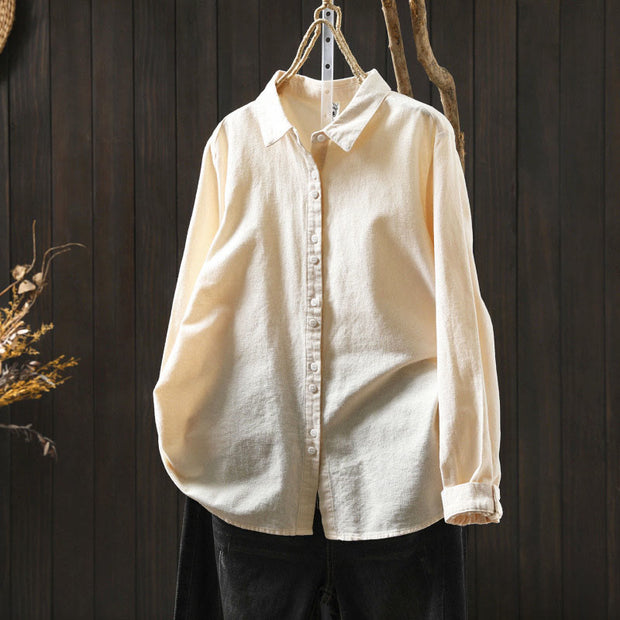 Buddha Stones Fall Solid Color Button Down Stand Collar Long Sleeve Women's Cotton Shirt - Beige - US6，UK/AU10，EU38 (L) - image 0