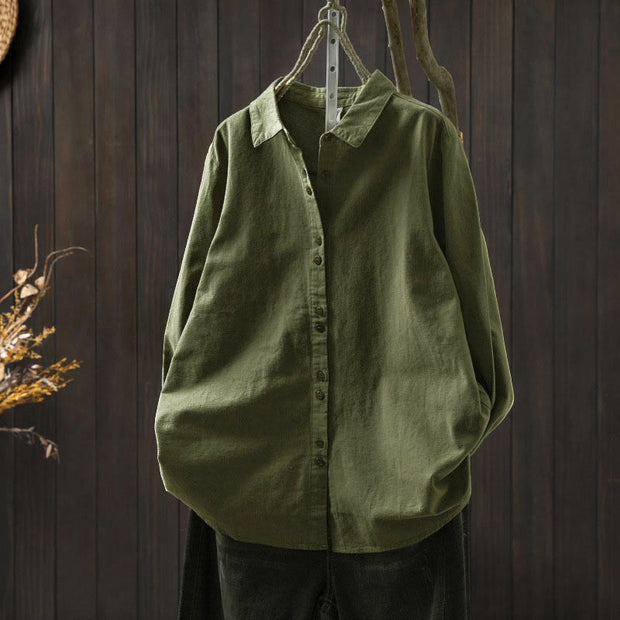 Buddha Stones Fall Solid Color Button Down Stand Collar Long Sleeve Women's Cotton Shirt - Green - US6，UK/AU10，EU38 (L) - image 22