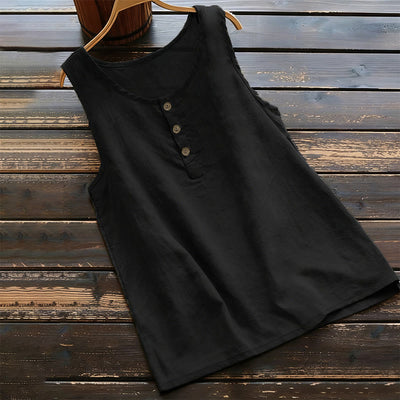 Buddha Stones Summer Pure Color Crew Collar Button Women's Vest Waistcoat - Black - US18，UK/AU22，EU50 (5XL) - image 0