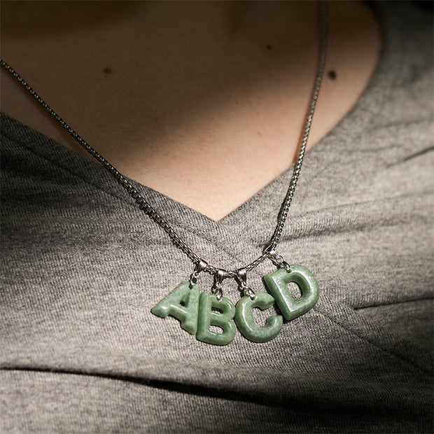 Buddha Stones Natural A-Z Letter Jade Titanium Steel Wide Chain Prosperity Necklace Pendant - image 42