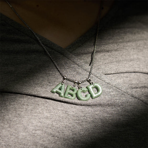 Buddha Stones Natural A-Z Letter Jade Titanium Steel Wide Chain Prosperity Necklace Pendant - image 40