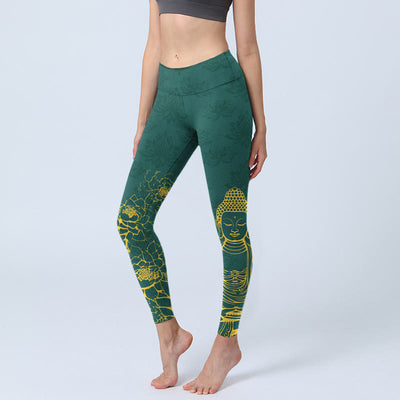 Buddha Stones Lotus Buddha Image Pattern Print Gym Leggings Women's Yoga Pants - DarkGreen - US18，UK/AU22，EU50 (4XL) - image 0