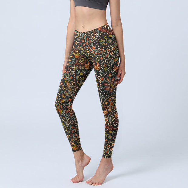 Buddha Stones Intricate Flower Leaf Pattern Print Gym Leggings Women's Yoga Pants - Black - US18，UK/AU22，EU50 (4XL) - image 0