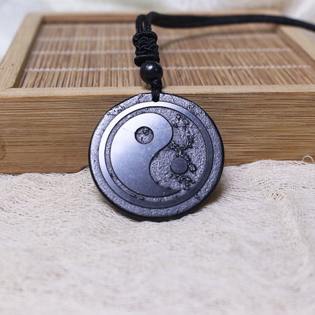 Buddha Stones Natural Authentic Shungite Stone Carved Bagua Protection Necklace Pendant - Shungite Stone(Protection ♥ Grounding) - 35mm - image 0