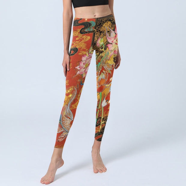Buddha Stones Koi Fish Lotus Cloud Pattern Print Gym Leggings Women's Yoga Pants - image 5