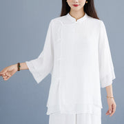 Buddha Stones 2Pcs Solid Color White Frog-Button Three Quarter Sleeve Shirt Wide Leg Pants Meditation Zen Clothing Women's Set - image 6