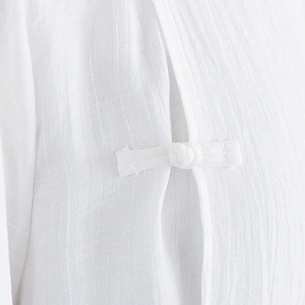 Buddha Stones 2Pcs Solid Color White Frog-Button Three Quarter Sleeve Shirt Wide Leg Pants Meditation Zen Clothing Women's Set - image 12