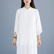 Buddha Stones 2Pcs Solid Color White Frog-Button Three Quarter Sleeve Shirt Wide Leg Pants Meditation Zen Clothing Women's Set - image 7