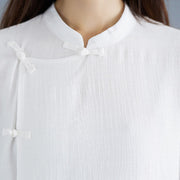 Buddha Stones 2Pcs Solid Color White Frog-Button Three Quarter Sleeve Shirt Wide Leg Pants Meditation Zen Clothing Women's Set - image 10