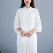Buddha Stones 2Pcs Solid Color White Frog-Button Three Quarter Sleeve Shirt Wide Leg Pants Meditation Zen Clothing Women's Set - image 5