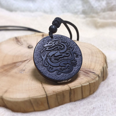 Buddha Stones Carved Dragon Pattern Authentic Shungite Stone Inner Strength Necklace Pendant - Shungite Stone(Protection ♥ Grounding) - 35-40mm - image 0