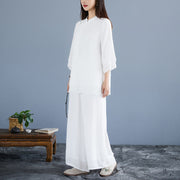 Buddha Stones 2Pcs Solid Color White Frog-Button Three Quarter Sleeve Shirt Wide Leg Pants Meditation Zen Clothing Women's Set - image 4