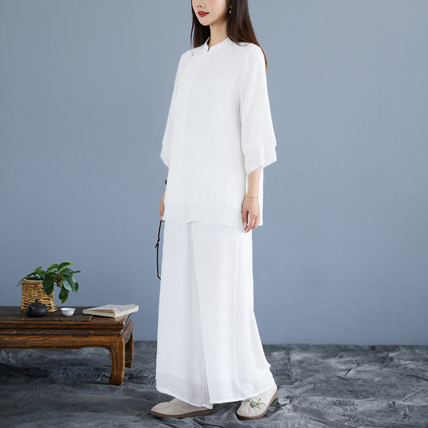 Buddha Stones 2Pcs Solid Color White Frog-Button Three Quarter Sleeve Shirt Wide Leg Pants Meditation Zen Clothing Women's Set - image 4