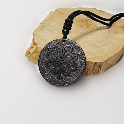 Buddha Stones Four Leaf Clover Authentic Shungite Stone Graphite Stone Protection Necklace Pendant - Shungite Stone(Protection ♥ Grounding) - 35-40mm - image 0