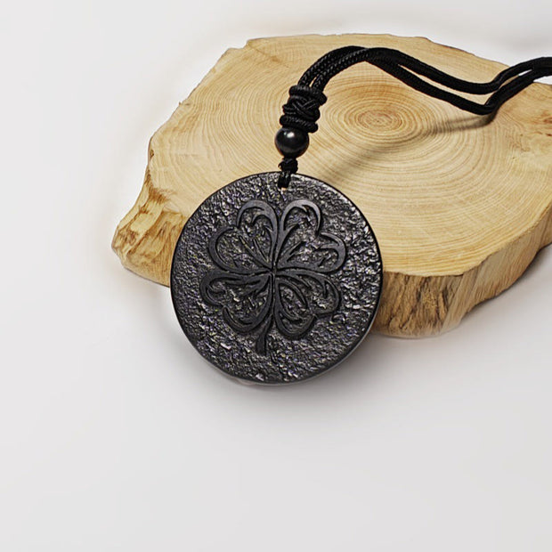 Buddha Stones Four Leaf Clover Authentic Shungite Stone Graphite Stone Protection Necklace Pendant - Shungite Stone(Protection ♥ Grounding) - 35-40mm - image 0