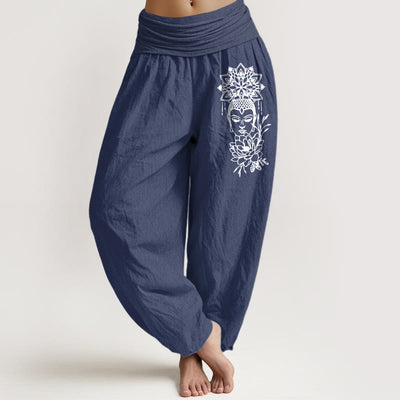 Buddha Stones Pure Cotton Simple Buddha Image Lotus Pattern Women's Elastic Waist Harem Pants - DarkSlateBlue - US16，UK/AU20，EU48 (3XL) - image 0