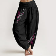 Buddha Stones Pure Cotton Softly Colored Butterfly Flower Vine Pattern Women's Elastic Waist Harem Pants - Black - US16，UK/AU20，EU48 (3XL) - image 0