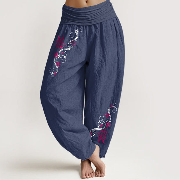 Buddha Stones Pure Cotton Softly Colored Butterfly Flower Vine Pattern Women's Elastic Waist Harem Pants - DarkSlateBlue - US16，UK/AU20，EU48 (3XL) - image 5