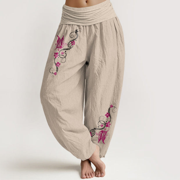 Buddha Stones Pure Cotton Softly Colored Butterfly Flower Vine Pattern Women's Elastic Waist Harem Pants - Tan - US16，UK/AU20，EU48 (3XL) - image 11