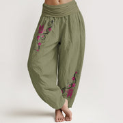 Buddha Stones Pure Cotton Softly Colored Butterfly Flower Vine Pattern Women's Elastic Waist Harem Pants - OliveDrab - US16，UK/AU20，EU48 (3XL) - image 14
