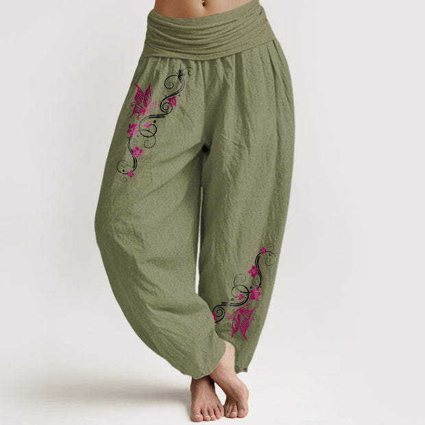 Buddha Stones Pure Cotton Softly Colored Butterfly Flower Vine Pattern Women's Elastic Waist Harem Pants - OliveDrab - US16，UK/AU20，EU48 (3XL) - image 14
