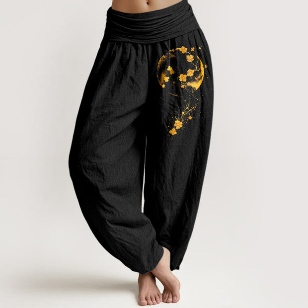 Buddha Stones Pure Cotton Brightly Colored Moon Flower Vine Pattern Women's Elastic Waist Harem Pants - Black - US16，UK/AU20，EU48 (3XL) - image 0