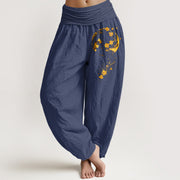 Buddha Stones Pure Cotton Brightly Colored Moon Flower Vine Pattern Women's Elastic Waist Harem Pants - DarkSlateBlue - US16，UK/AU20，EU48 (3XL) - image 5