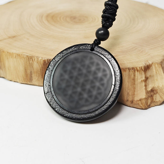 Buddha Stones Flower of Life Carving Design Authentic Shungite Stone Protection Necklace Pendant - Flower of Life(Relief Carving) - 35-40mm - image 1
