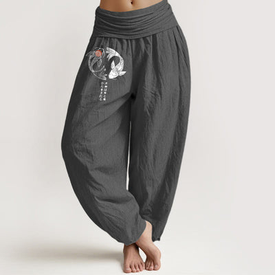 Buddha Stones Pure Cotton Koi Fish Character Pattern Women's Elastic Waist Harem Pants - DimGray - US16，UK/AU20，EU48 (3XL) - image 0