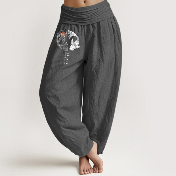 Buddha Stones Pure Cotton Koi Fish Character Pattern Women's Elastic Waist Harem Pants - DimGray - US16，UK/AU20，EU48 (3XL) - image 0