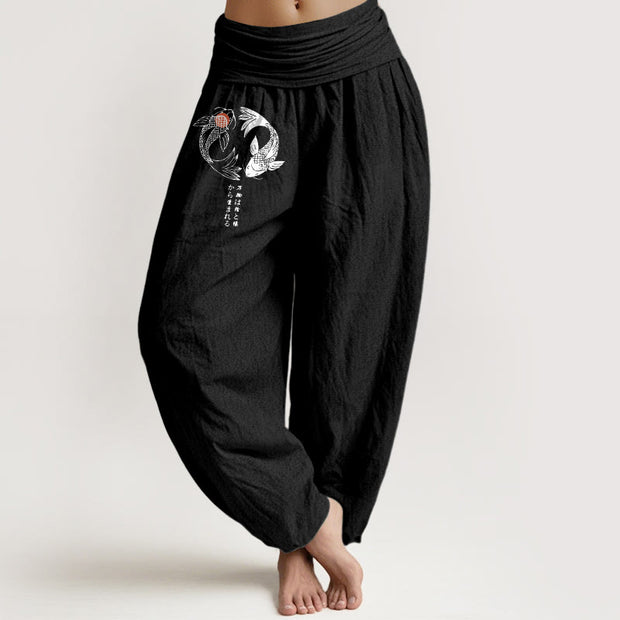 Buddha Stones Pure Cotton Koi Fish Character Pattern Women's Elastic Waist Harem Pants - Black - US16，UK/AU20，EU48 (3XL) - image 5