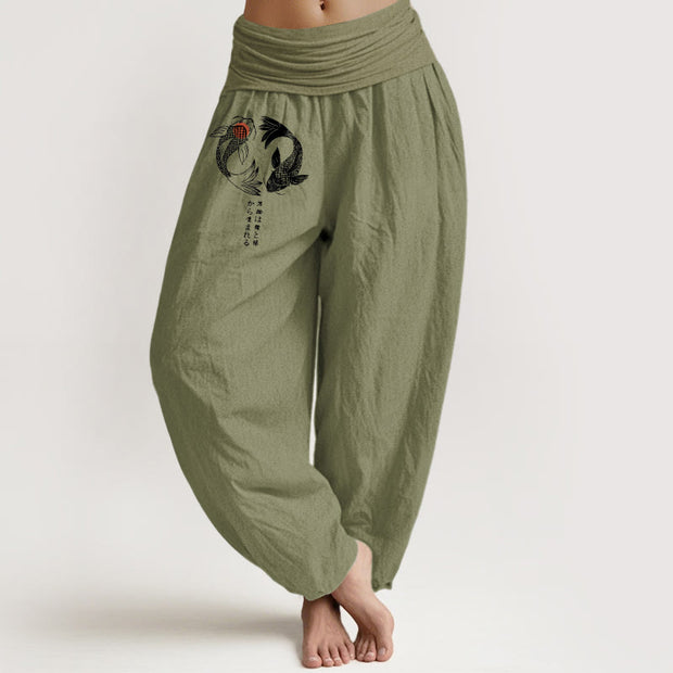 Buddha Stones Pure Cotton Koi Fish Character Pattern Women's Elastic Waist Harem Pants - OliveDrab - US16，UK/AU20，EU48 (3XL) - image 14