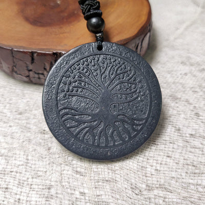 Buddha Stones The Tree of Life Carving Pattern Authentic Shungite Stone Protection Necklace Pendant - The Tree of Life(Enlightenment ♥ Connection) - 35-40mm - image 0