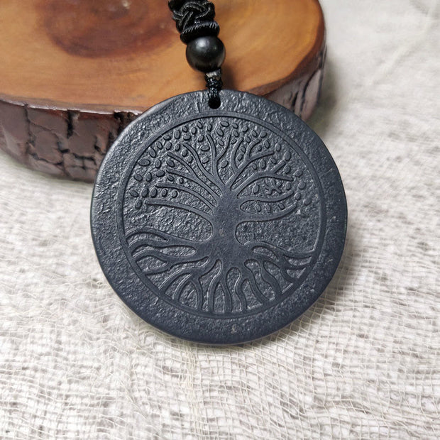 Buddha Stones The Tree of Life Carving Pattern Authentic Shungite Stone Protection Necklace Pendant - The Tree of Life(Enlightenment ♥ Connection) - 35-40mm - image 0
