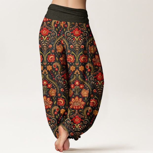 Buddha Stones Cotton Colorful Flower Leaf Scroll Pattern Women's Elastic Waist Harem Pants - image 1
