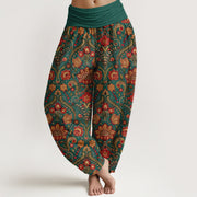 Buddha Stones Cotton Colorful Flower Leaf Scroll Pattern Women's Elastic Waist Harem Pants - Teal - US16，UK/AU20，EU48 (3XL) - image 8